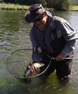 Here is a photo of just one associated with the very early period trout taken on a Grannom Sedge fly…and a pleased viewing angler fishing the River Test the very first time. Tightlines